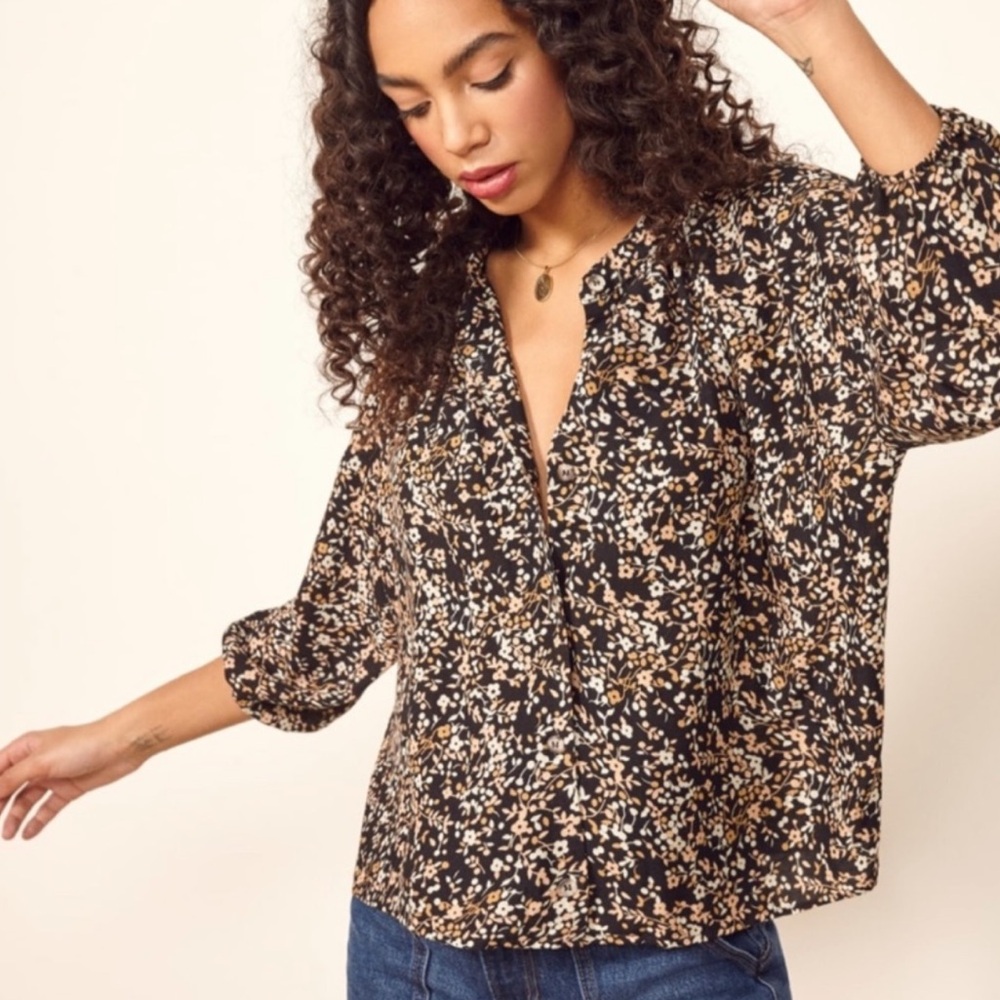 Reformation Fall Floral Laurel Goldfield Button Down Blouse Boho 3/4 sleeve L